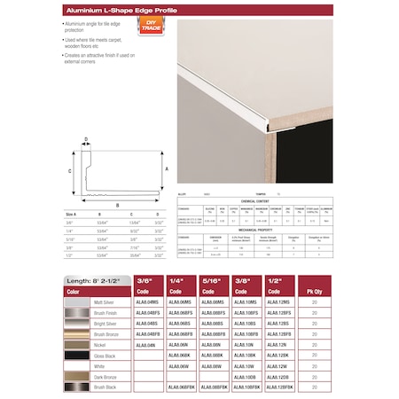 Dta 8Ft L-Edge Profile 1/2" Satin Nickle ALA8.12N